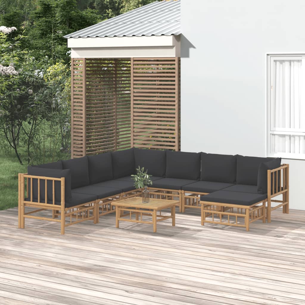 Vetonek Set de muebles de jardín 9 piezas bambú con cojines gris oscuro