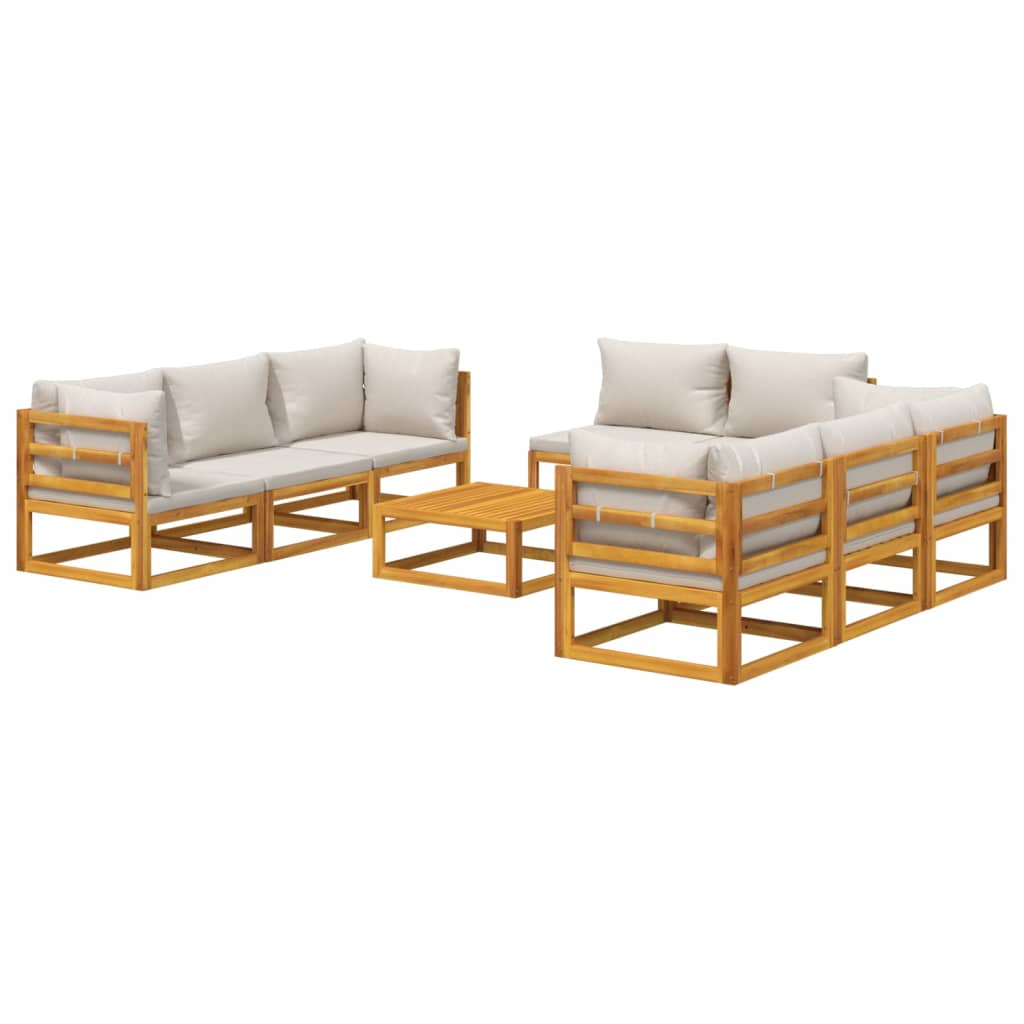 Set muebles de jardín 9 pzas madera maciza y cojines gris claro