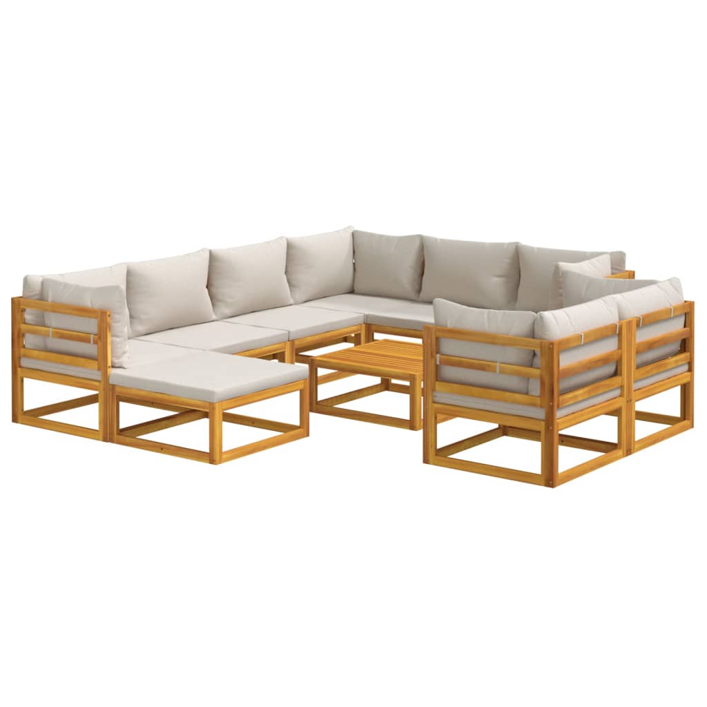 Set muebles jardín 10 pzas madera maciza y cojines gris claro vidaXL