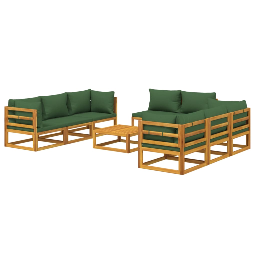 Juego muebles de jardín 9 piezas madera maciza y cojines verdes - Vetonek