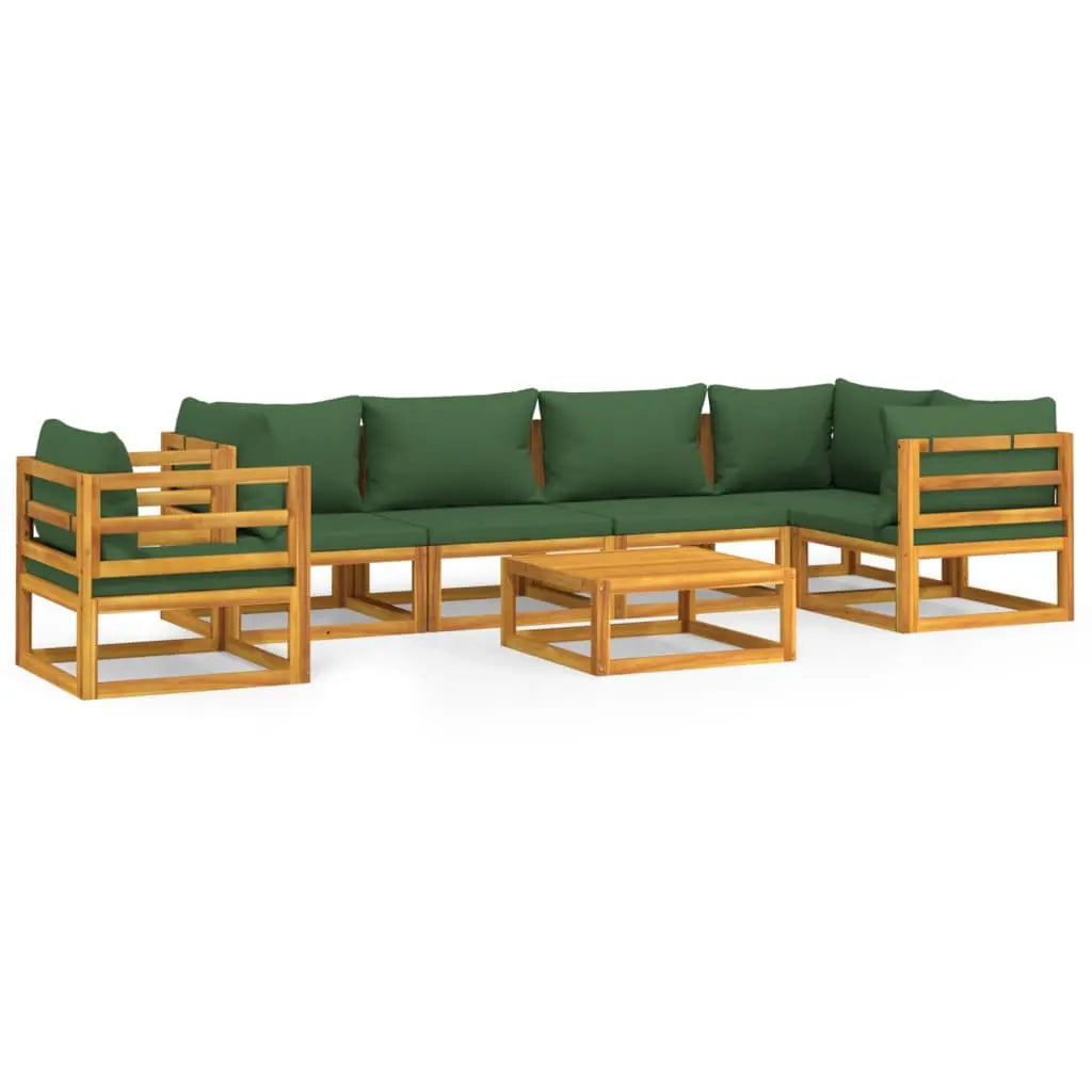 Juego muebles de jardín 7 piezas madera maciza y cojines verdes - Vetonek