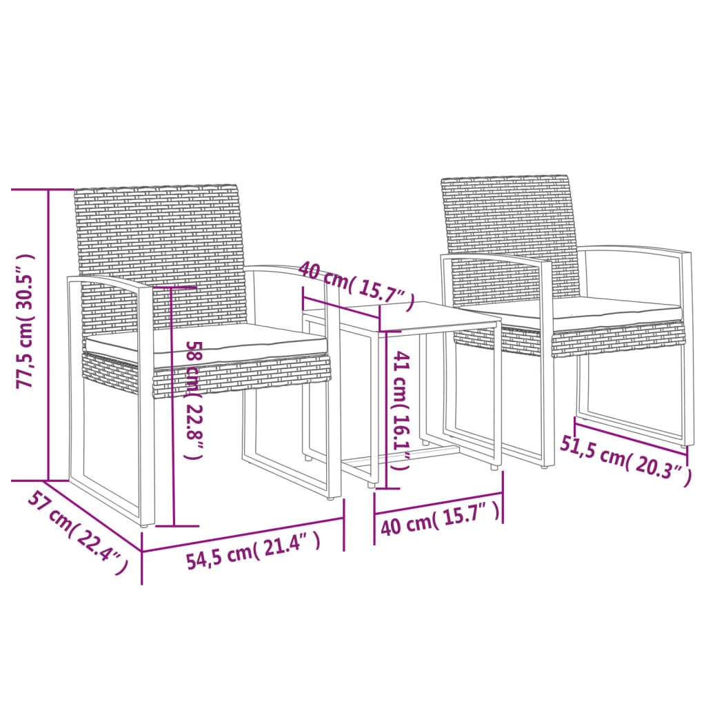 Set comedor jardín 3 pzas cojines PP aspecto ratán gris oscuro vidaXL