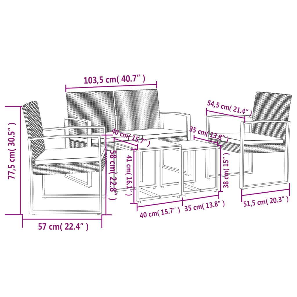 Set comedor de jardín 5 pzas con cojines PP aspecto ratán negro vidaXL