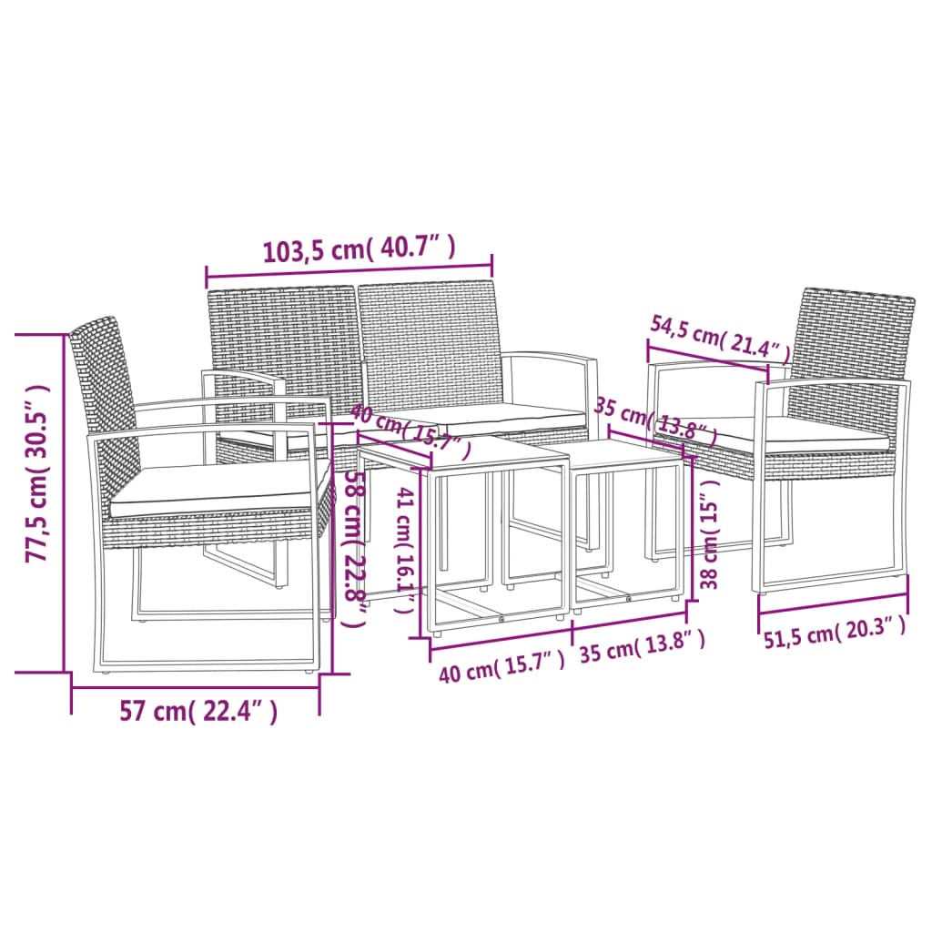 Set comedor jardín 5 pzas cojines PP aspecto ratán gris oscuro vidaXL