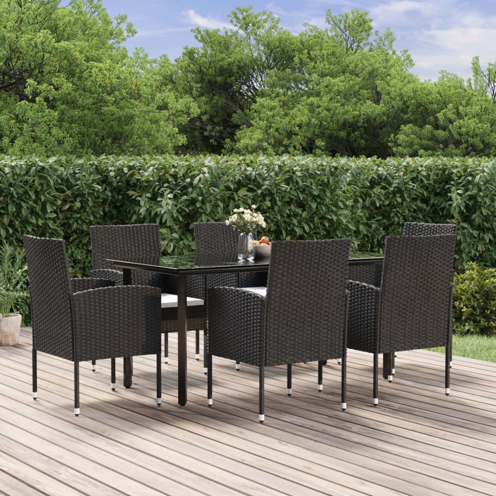 Vetonek Set de comedor de jardín 7 pzas y cojines ratán sintético negro