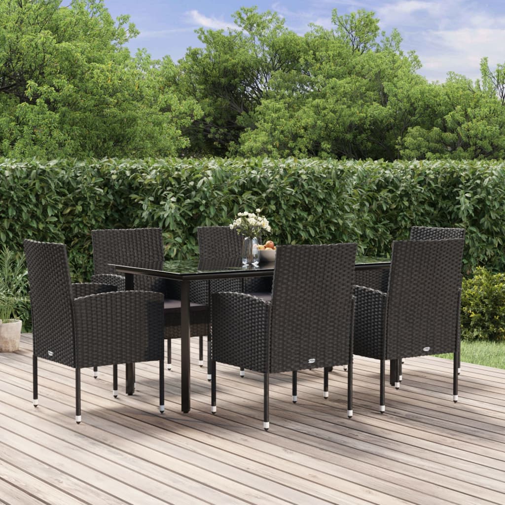 Set de comedor de jardín 7 pzas y cojines ratán sintético negro vidaXL