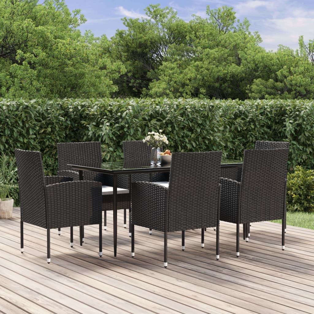 Vetonek Set de comedor de jardín 7 pzas y cojines ratán sintético negro