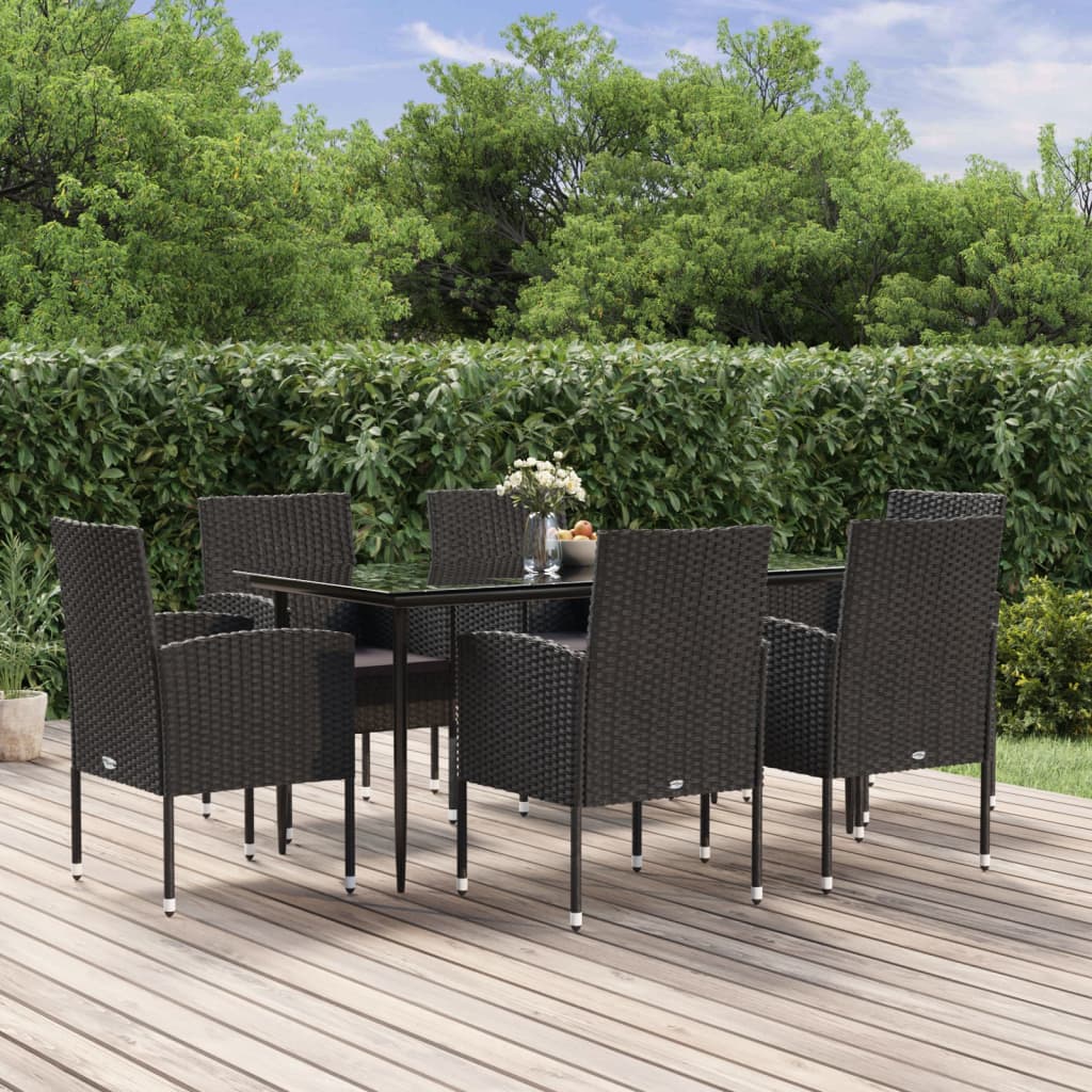 Vetonek Set de comedor de jardín 7 pzas y cojines ratán sintético negro