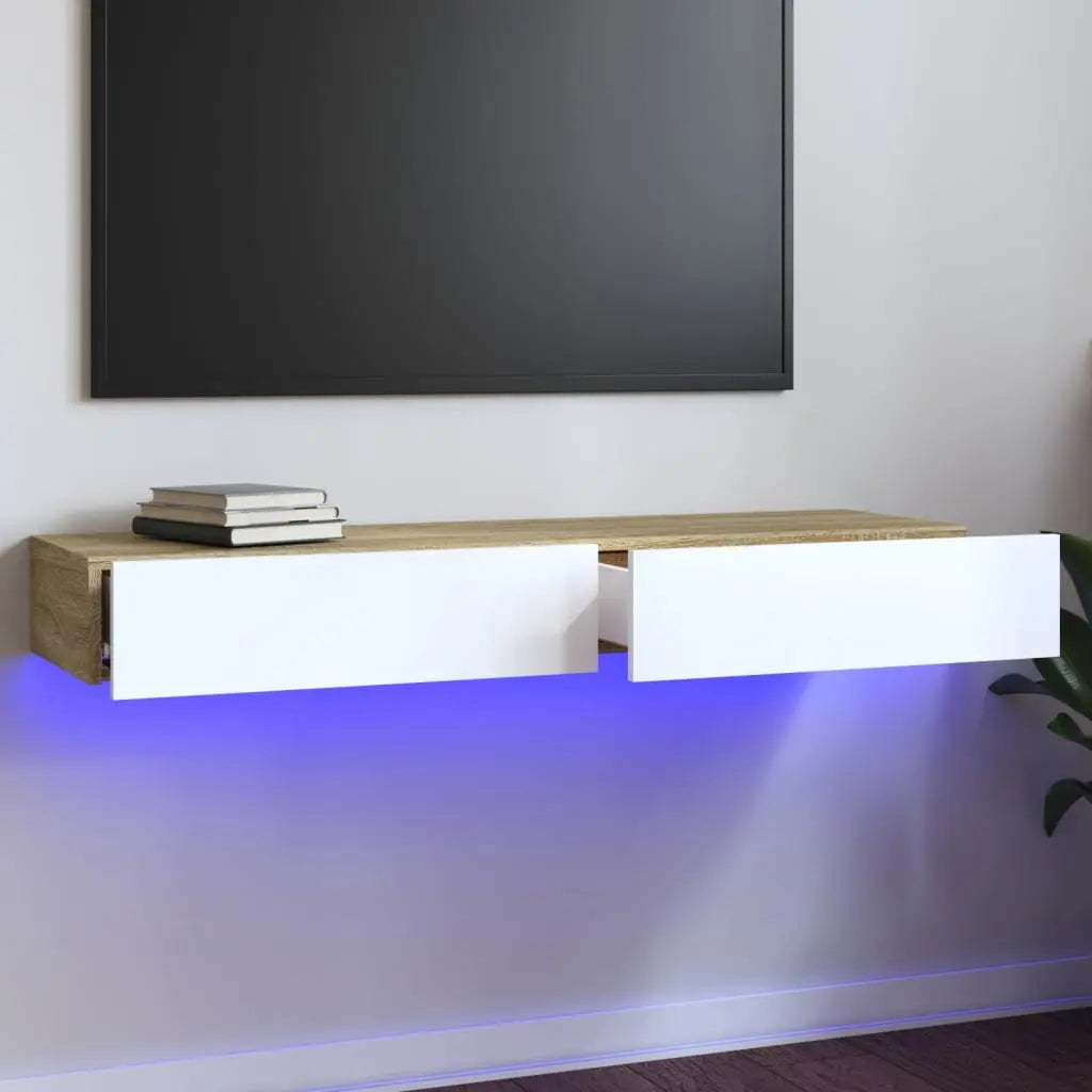 Vetonek Mueble de TV con luces LED blanco y roble Sonoma 120x35x15,5 cm