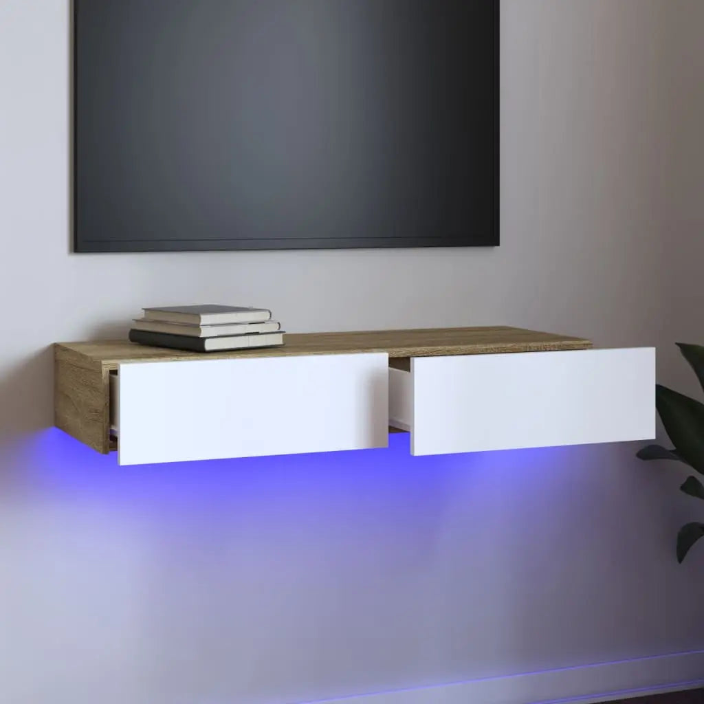 Vetonek Mueble de TV con luces LED blanco y roble Sonoma 90x35x15,5 cm