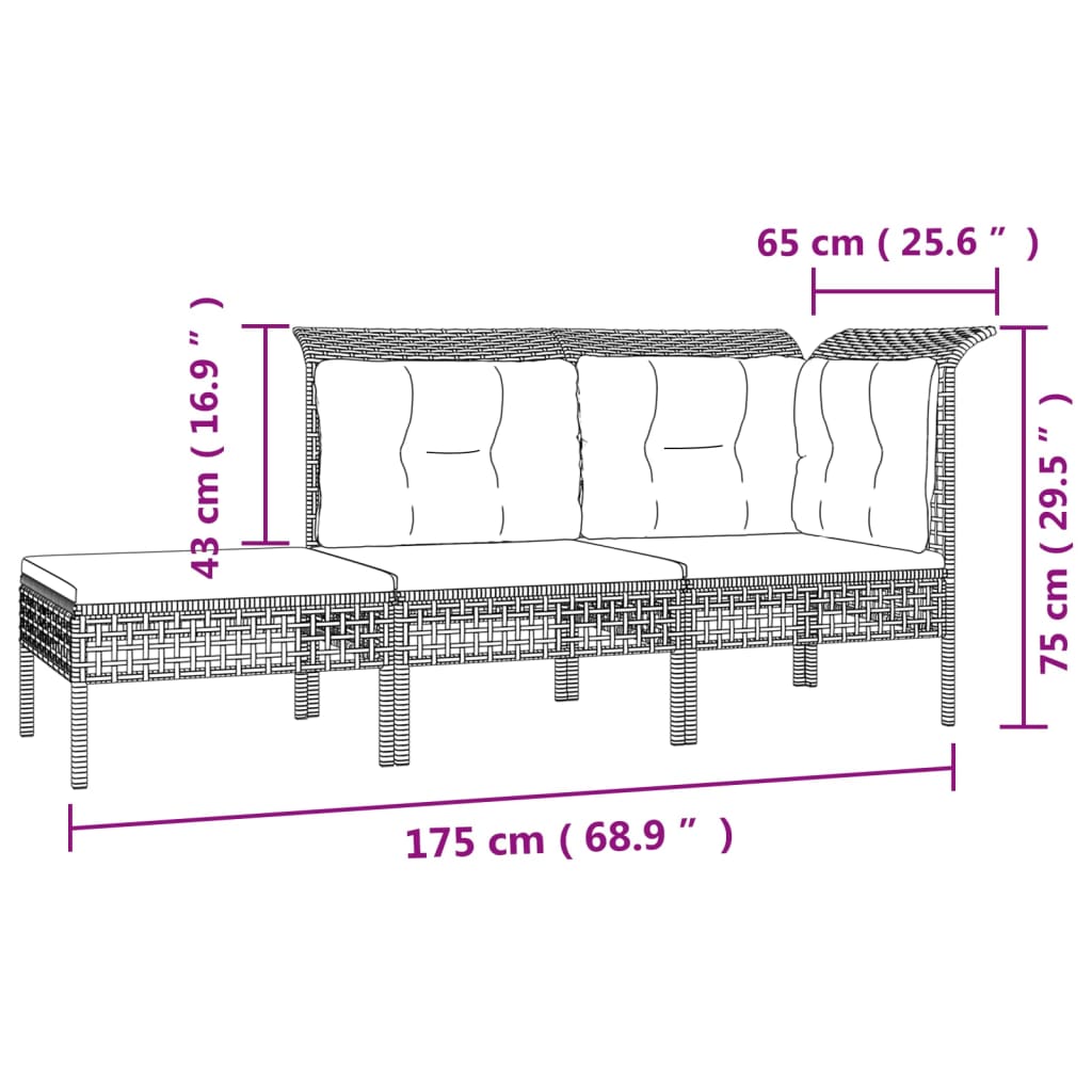 Set de muebles de jardín 3 pzas y cojines ratán sintético gris vidaXL