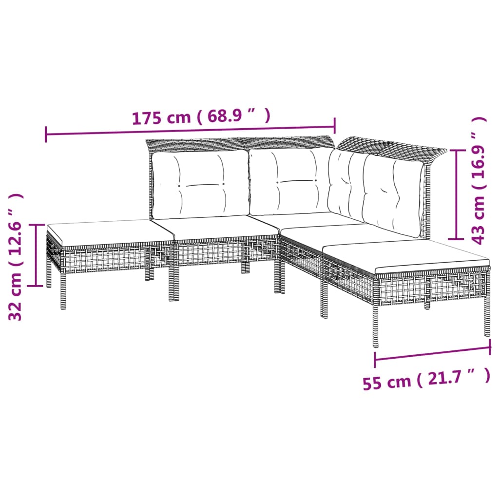 Set de muebles de jardín 5 pzas y cojines ratán sintético gris vidaXL