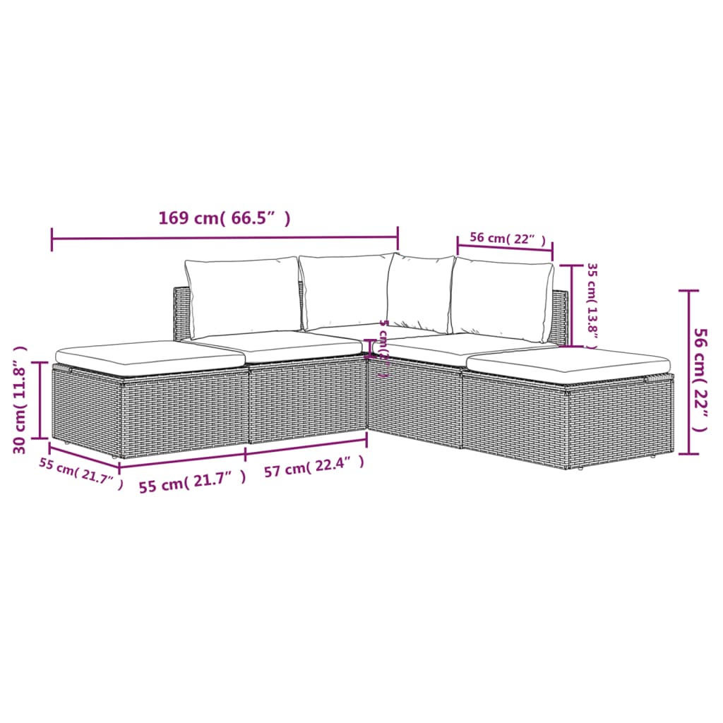 Set de muebles de jardín 5 pzas y cojines ratán sintético gris vidaXL