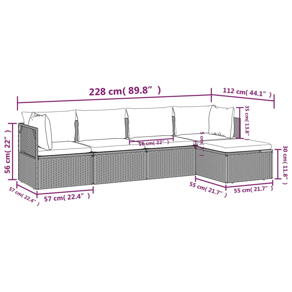 Set de muebles de jardín 5 pzas y cojines ratán sintético gris vidaXL