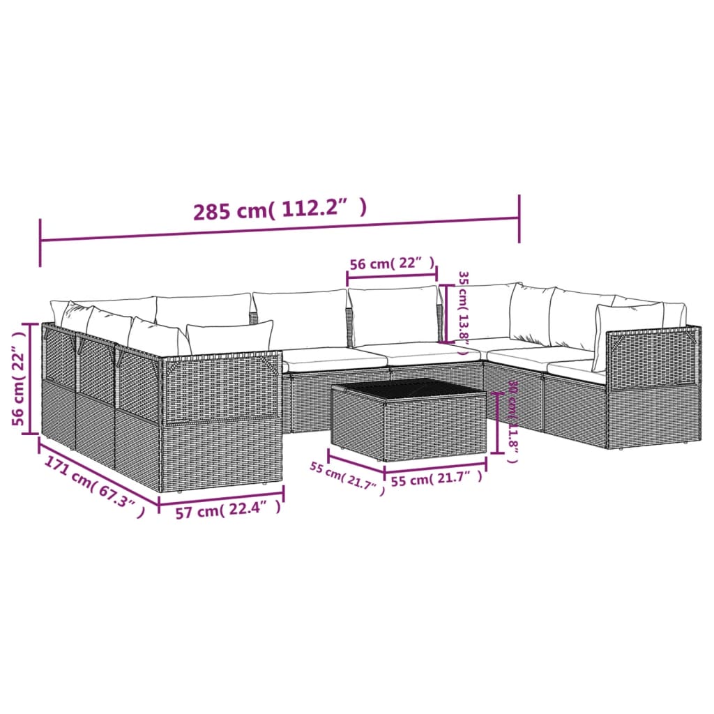 Set de muebles de jardín 10 pzas y cojines ratán sintético gris vidaXL