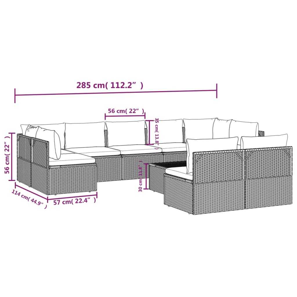 Set de muebles de jardín 10 pzas y cojines ratán sintético gris vidaXL