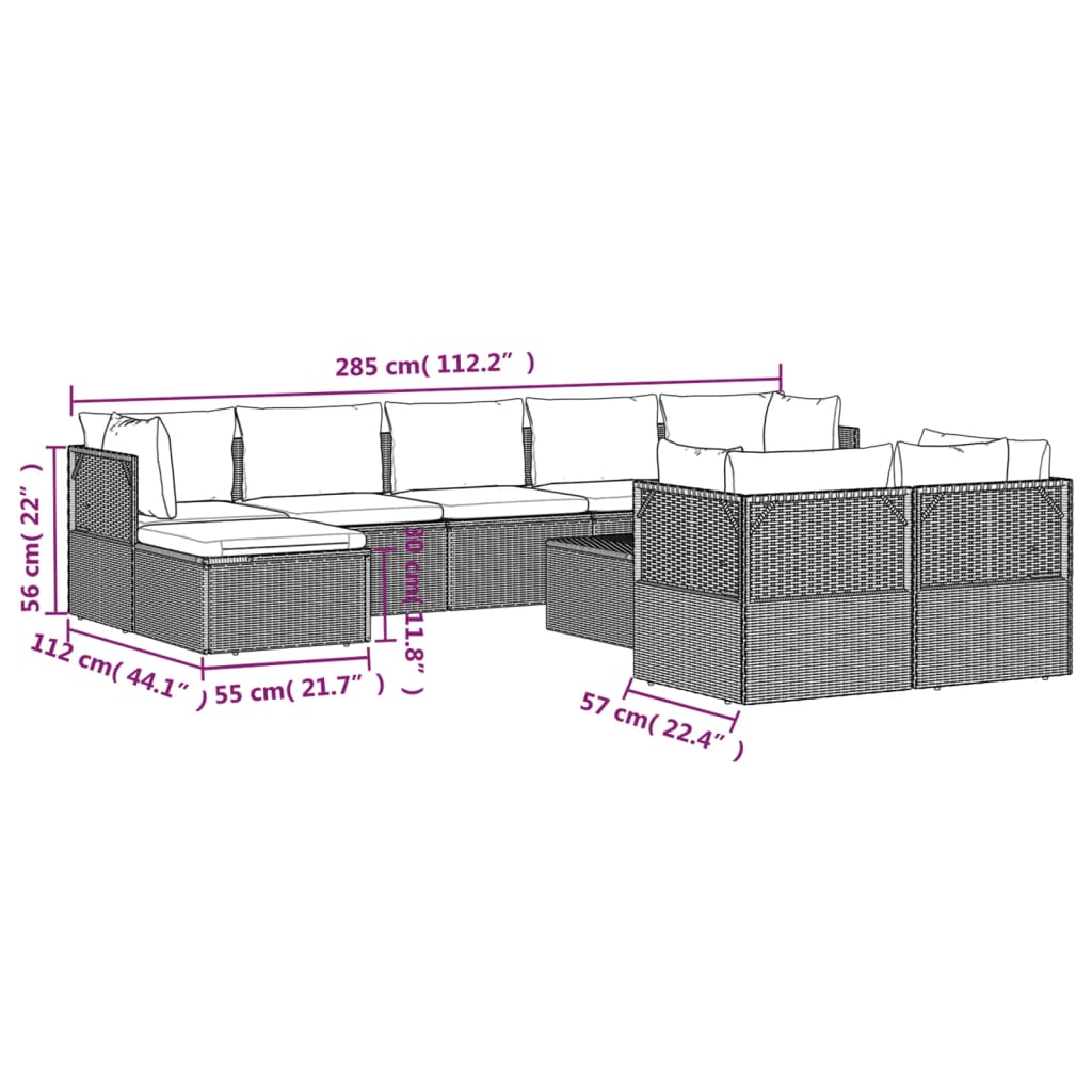 Set de muebles de jardín 10 pzas y cojines ratán sintético gris vidaXL