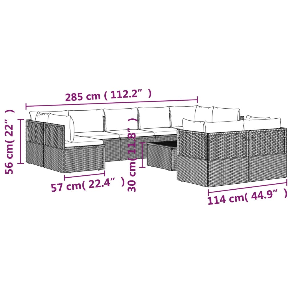 Set de muebles de jardín 10 pzas y cojines ratán sintético gris vidaXL