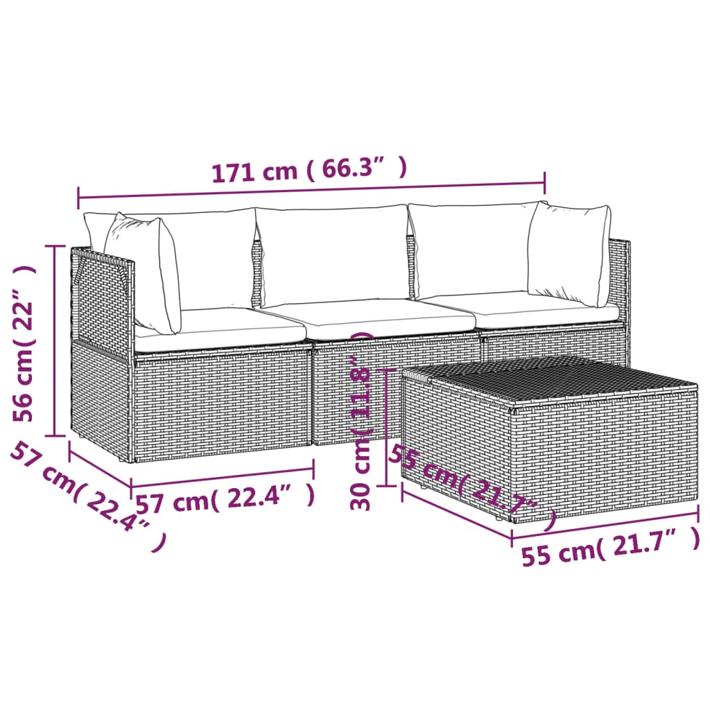 Set de muebles de jardín 4 pzas y cojines ratán sintético gris vidaXL