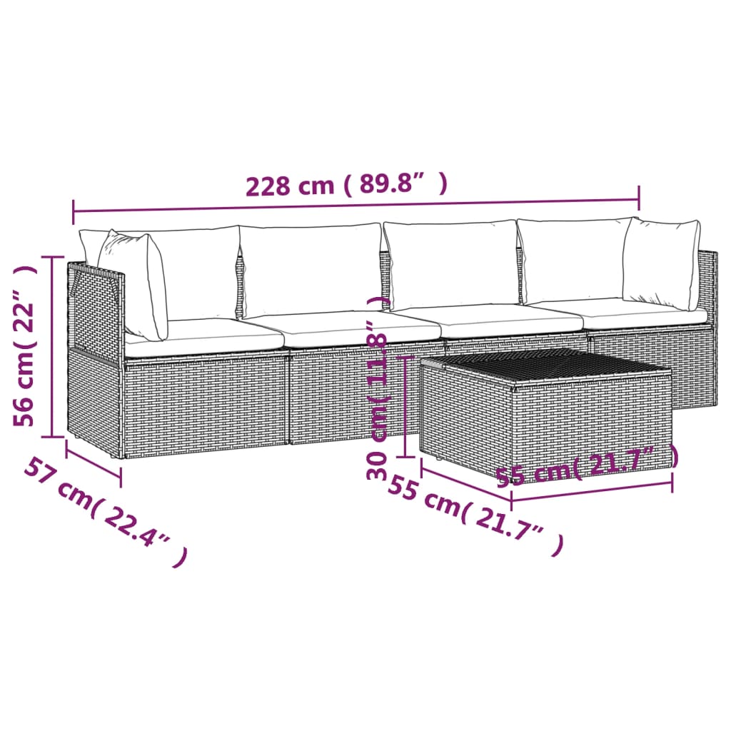 Set de muebles de jardín 5 pzas y cojines ratán sintético gris vidaXL