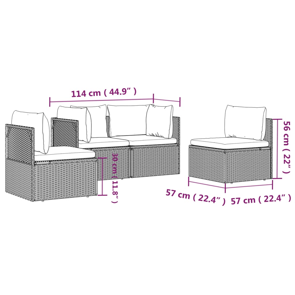 Set de muebles de jardín 4 pzas y cojines ratán sintético gris vidaXL