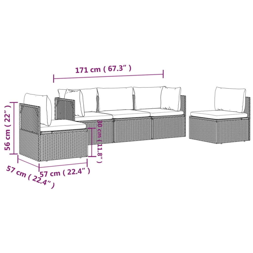 Set de muebles de jardín 5 pzas y cojines ratán sintético gris vidaXL