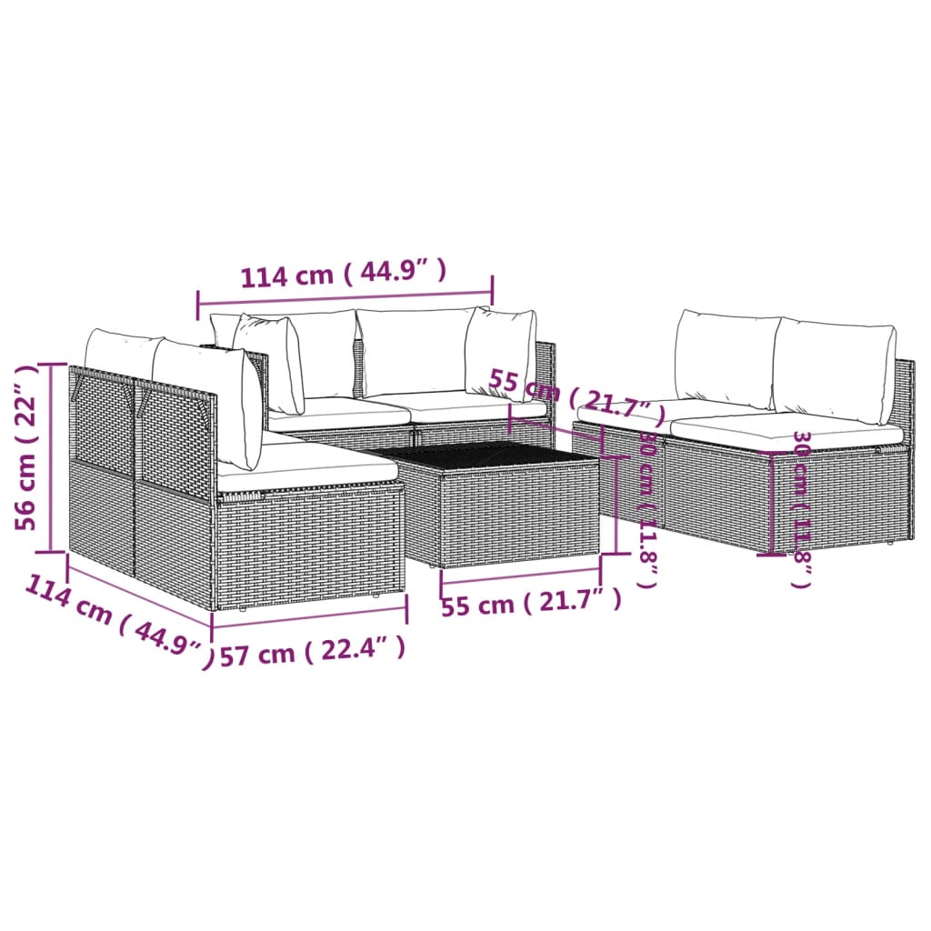 Set de muebles de jardín 7 pzas y cojines ratán sintético gris vidaXL