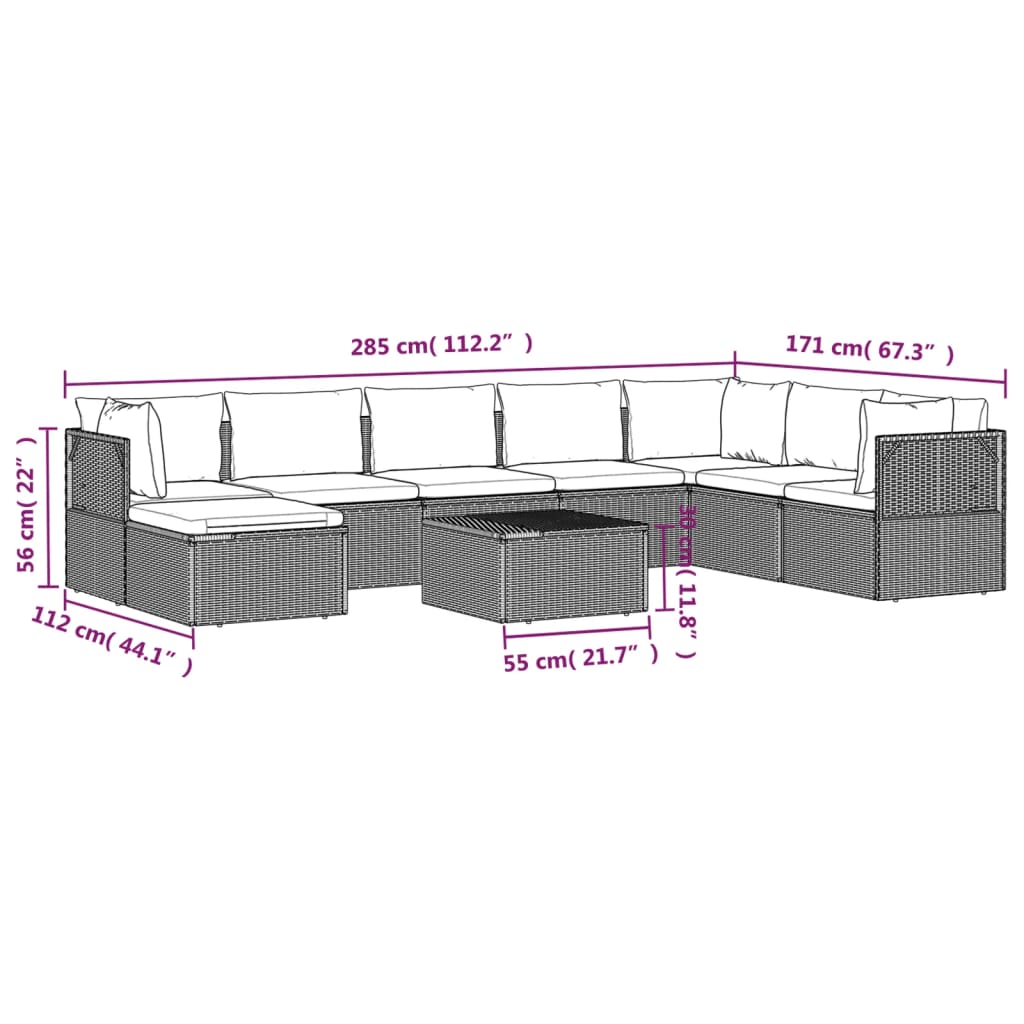 Set de muebles de jardín 9 pzas y cojines ratán sintético gris vidaXL