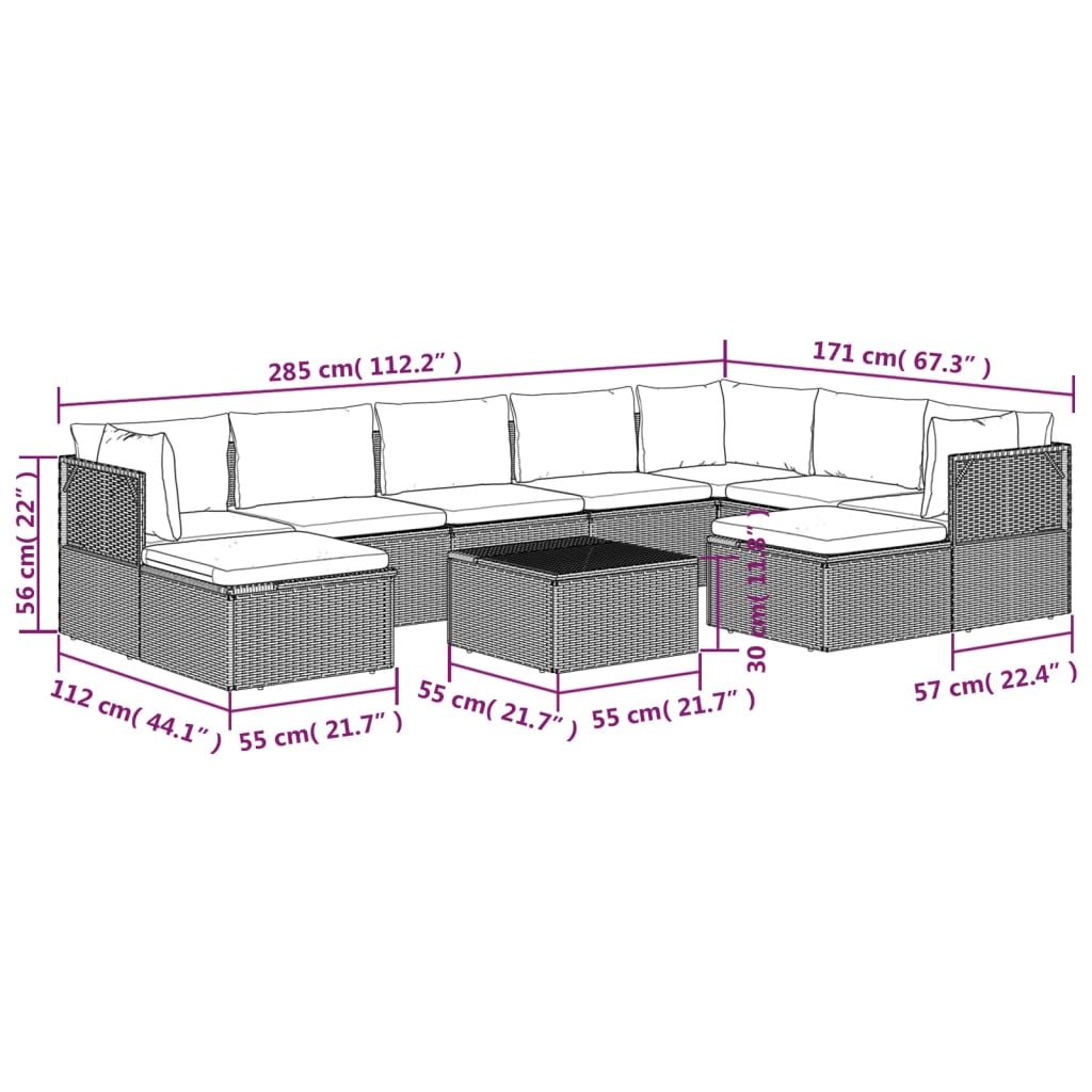 Set de muebles de jardín 10 pzas y cojines ratán sintético gris vidaXL