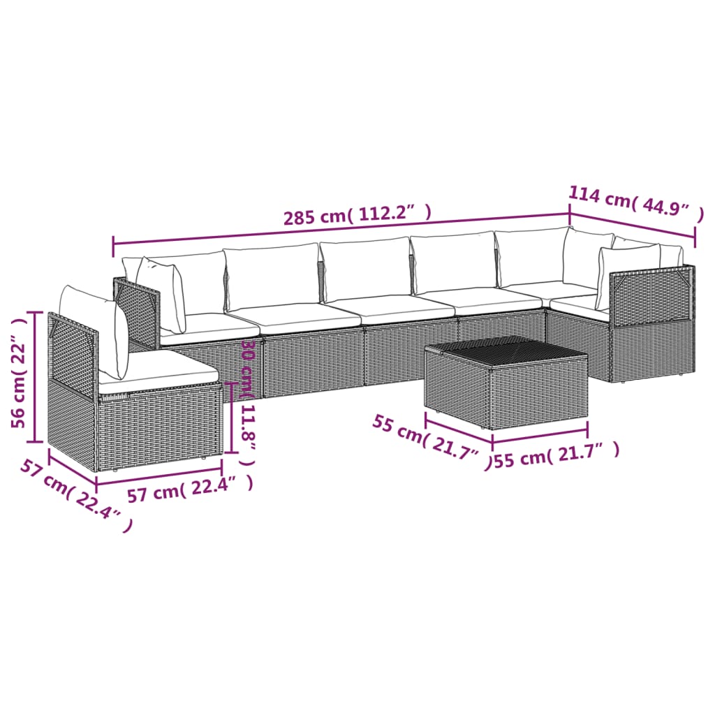 Set de muebles de jardín 8 pzas y cojines ratán sintético gris vidaXL