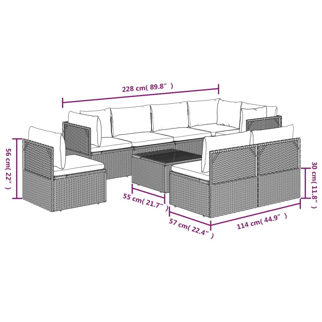 Set de muebles de jardín 9 pzas y cojines ratán sintético gris vidaXL