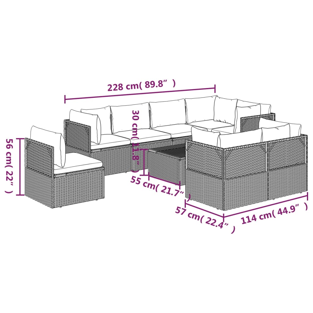 Set de muebles de jardín 9 pzas y cojines ratán sintético gris vidaXL