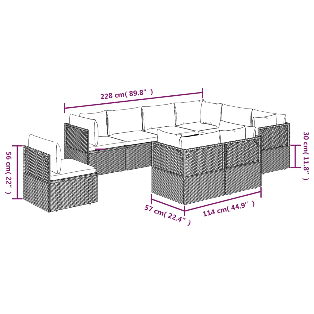 Set de muebles de jardín 9 pzas y cojines ratán sintético gris vidaXL