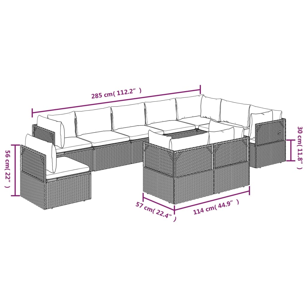 Set de muebles de jardín 10 pzas y cojines ratán sintético gris vidaXL