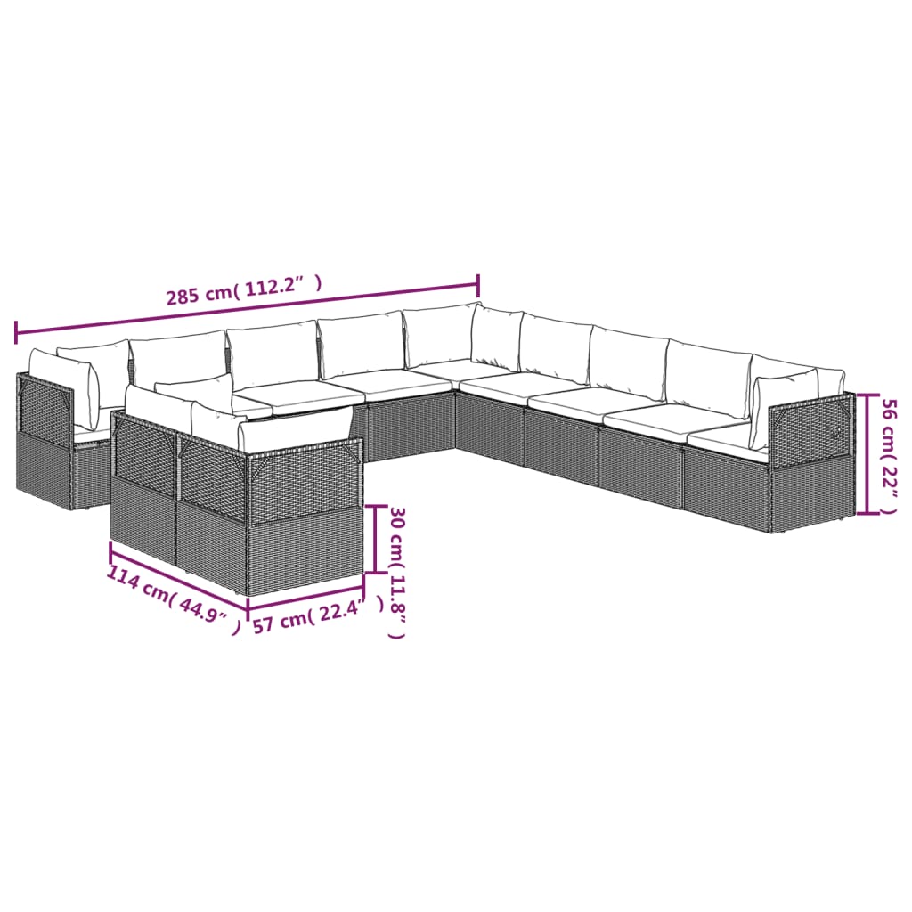 Set de muebles de jardín 11 pzas y cojines ratán sintético gris vidaXL