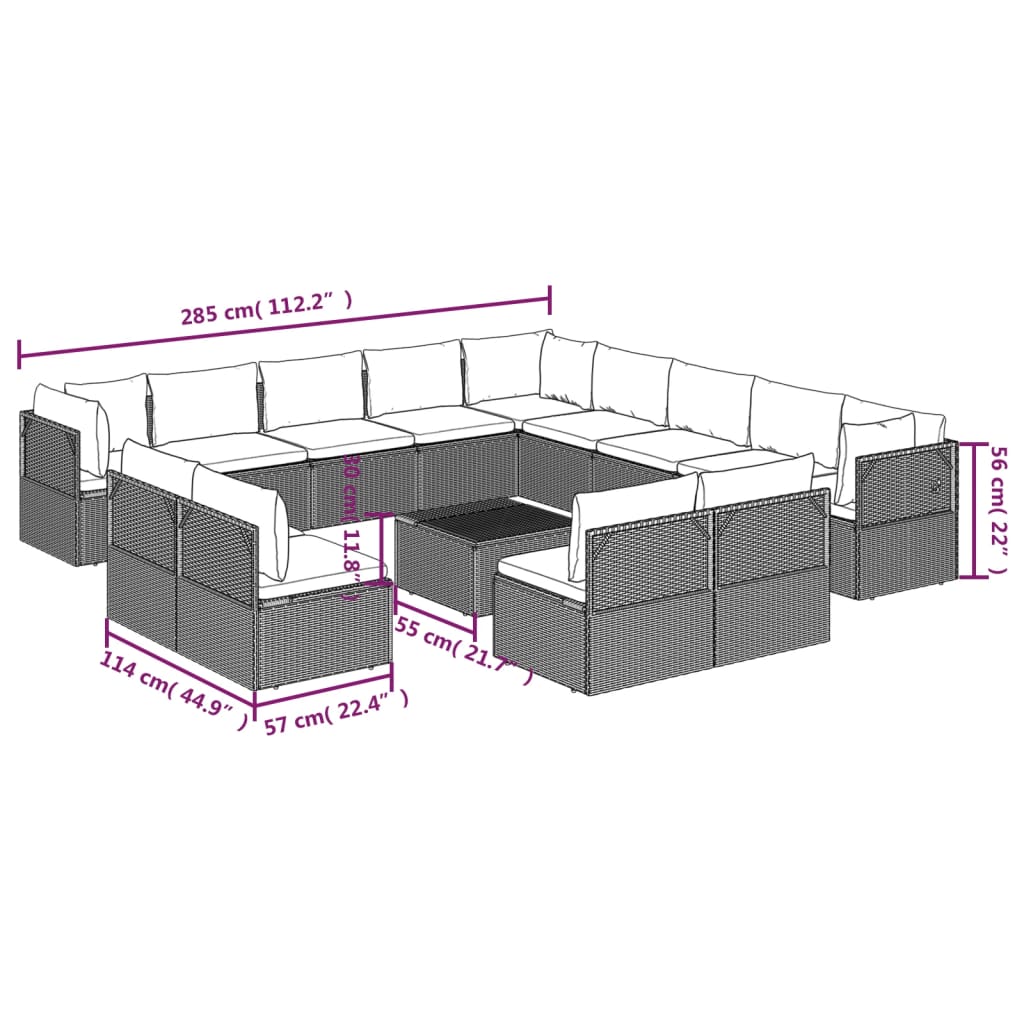 Set de muebles de jardín 14 pzas y cojines ratán sintético gris vidaXL