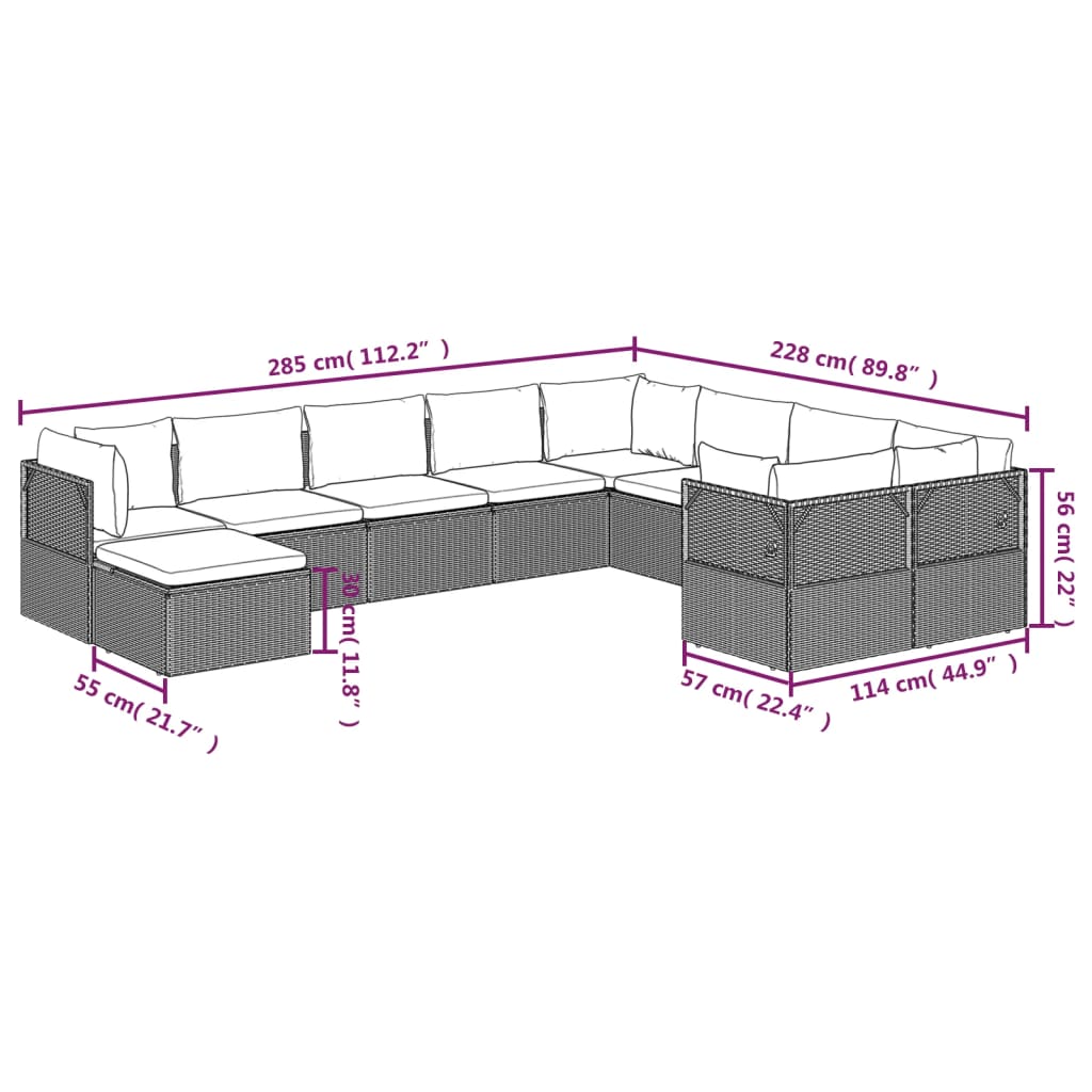 Set de muebles de jardín 10 pzas y cojines ratán sintético gris vidaXL