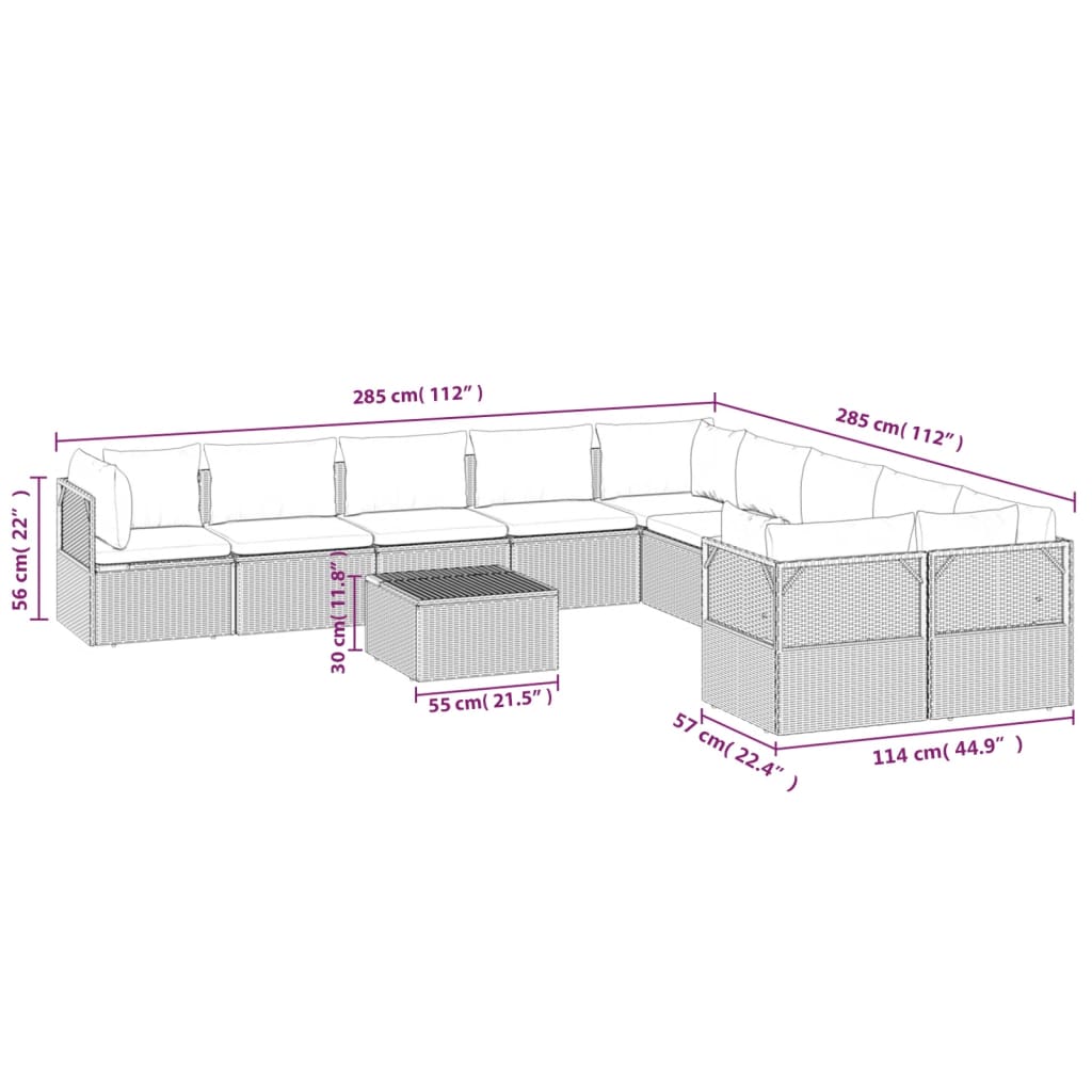 Juego de muebles de jardín 11 pzas y cojines ratán PE gris vidaXL