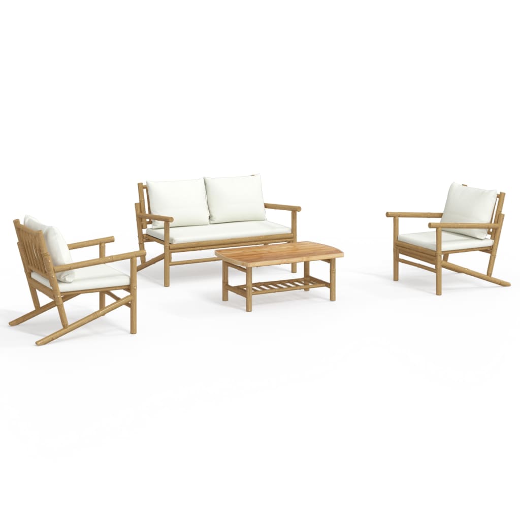 Set de muebles de jardín 4 piezas bambú y cojines blanco crema vidaXL