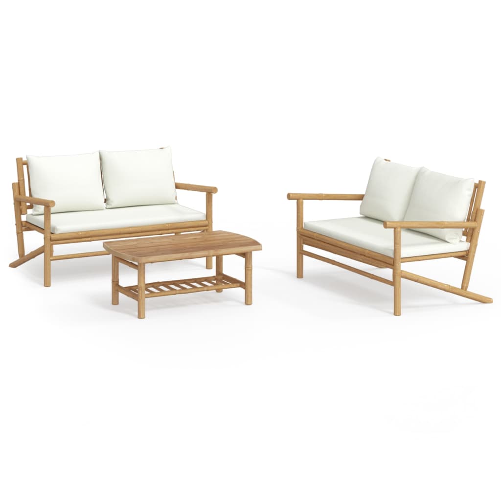 Set de muebles de jardín 3 piezas bambú y cojines blanco crema vidaXL