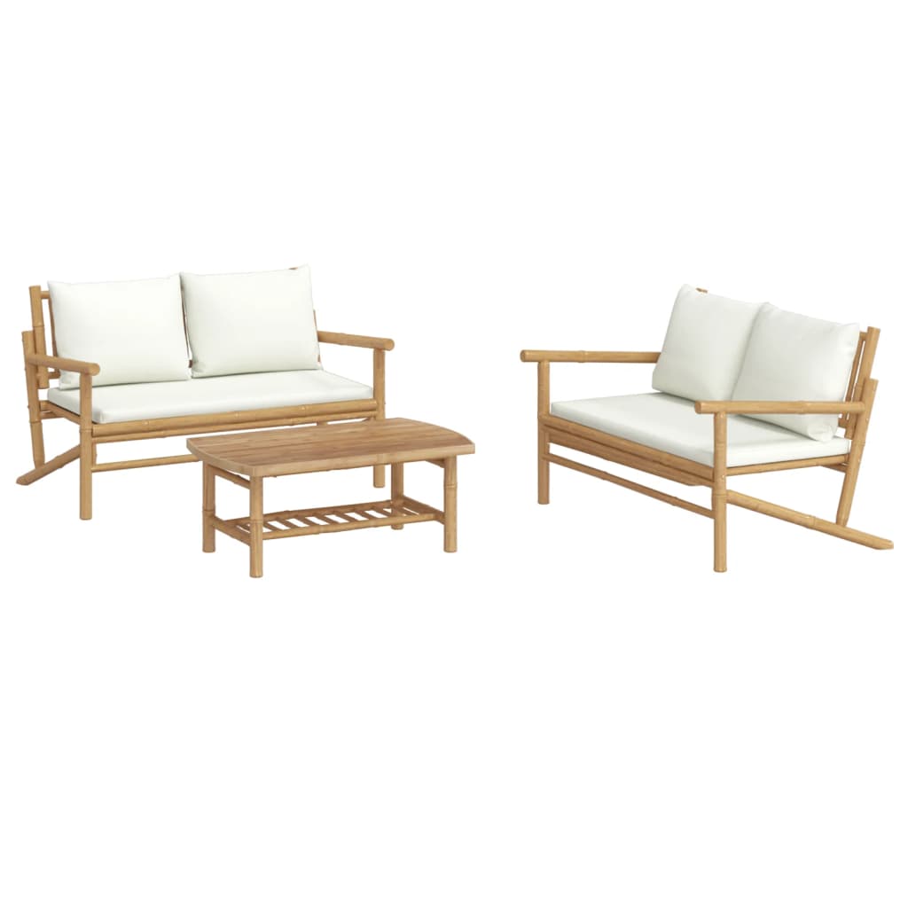 Set de muebles de jardín 3 piezas bambú y cojines blanco crema vidaXL