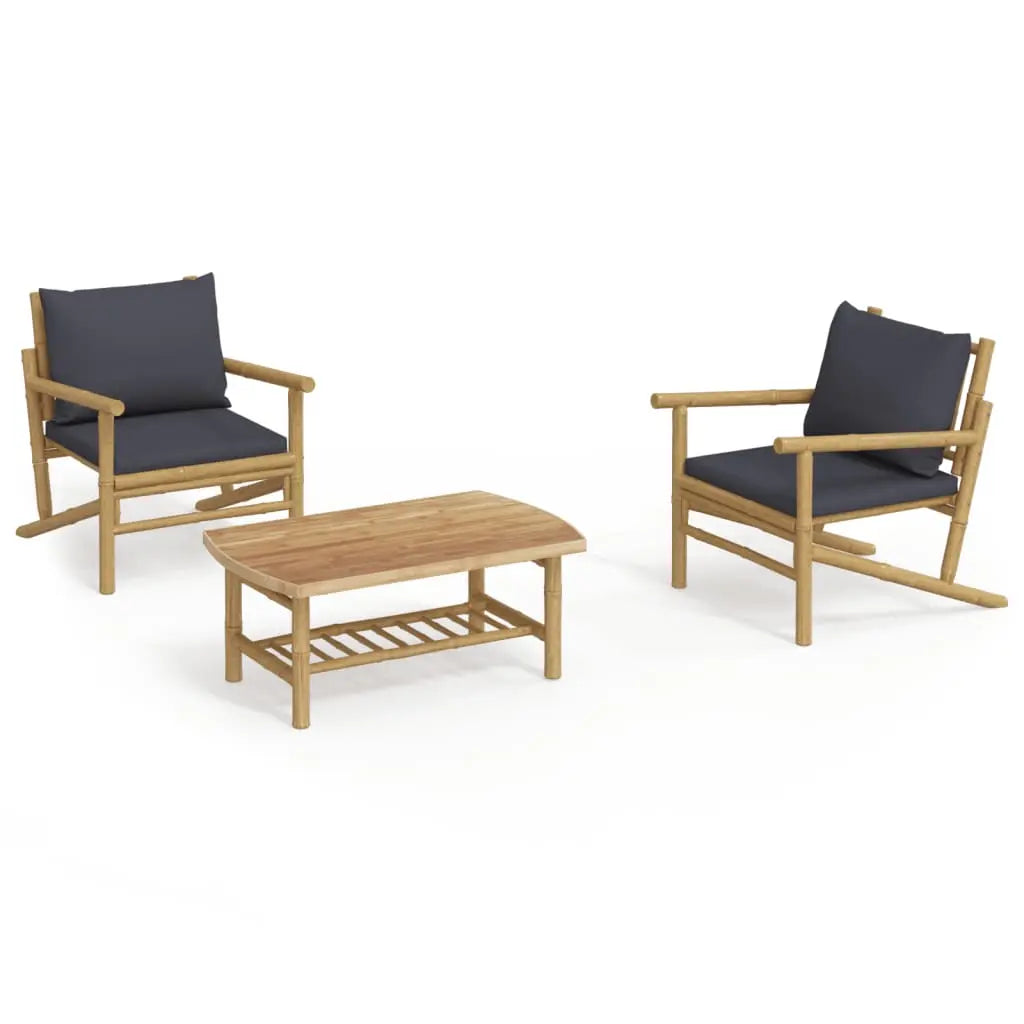 Set de muebles de jardín 3 piezas bambú con cojines gris oscuro - Vetonek