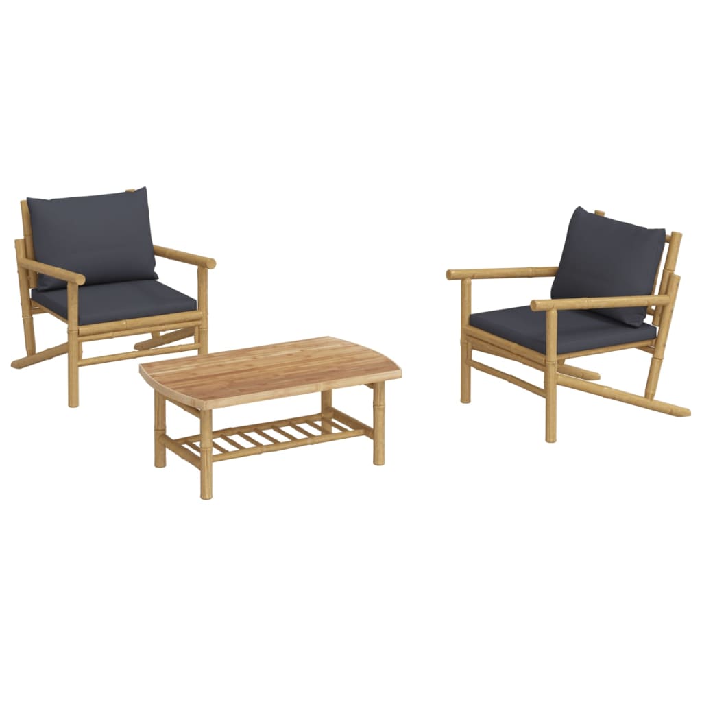 Set de muebles de jardín 3 piezas bambú con cojines gris oscuro vidaXL