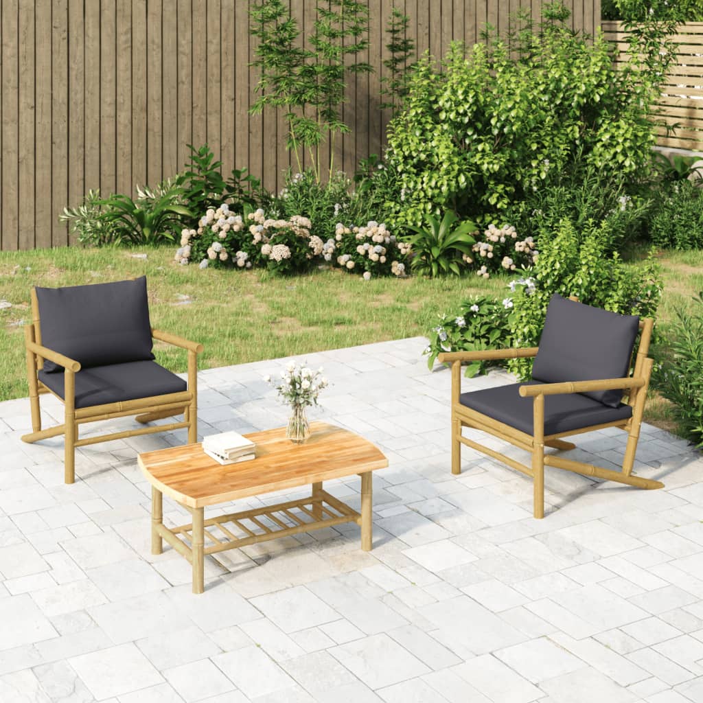 Vetonek Set de muebles de jardín 3 piezas bambú con cojines gris oscuro