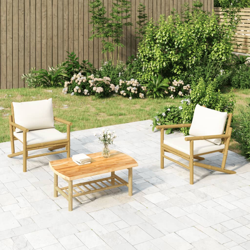 Vetonek Set de muebles de jardín 3 piezas bambú y cojines blanco crema