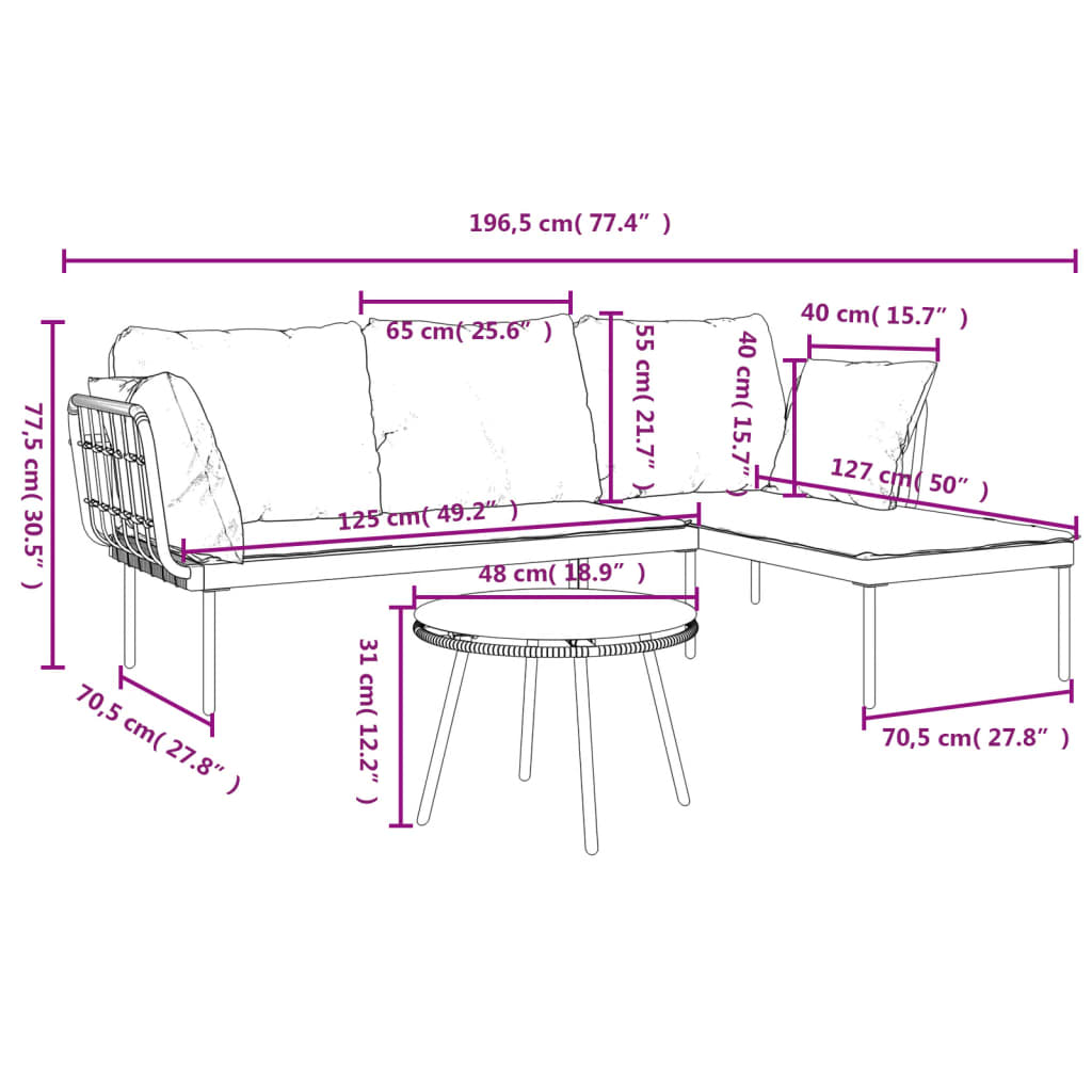 Conjunto de móveis de jardim 3 PCs e almofadas cinza escuro Rattan sintético