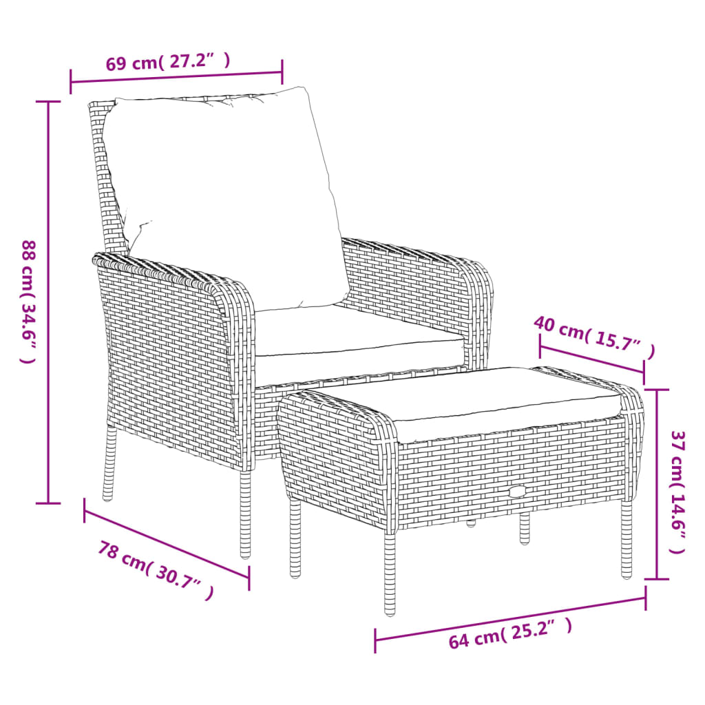 Sillón de jardín con reposapiés ratán sintético marrón claro vidaXL