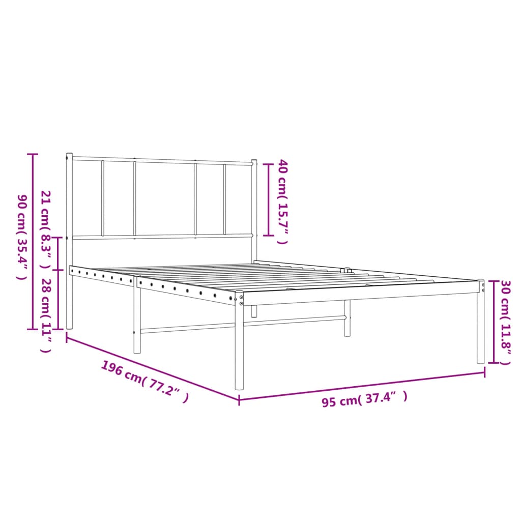 Bed without mattress with white metal headboard 90x190 cm