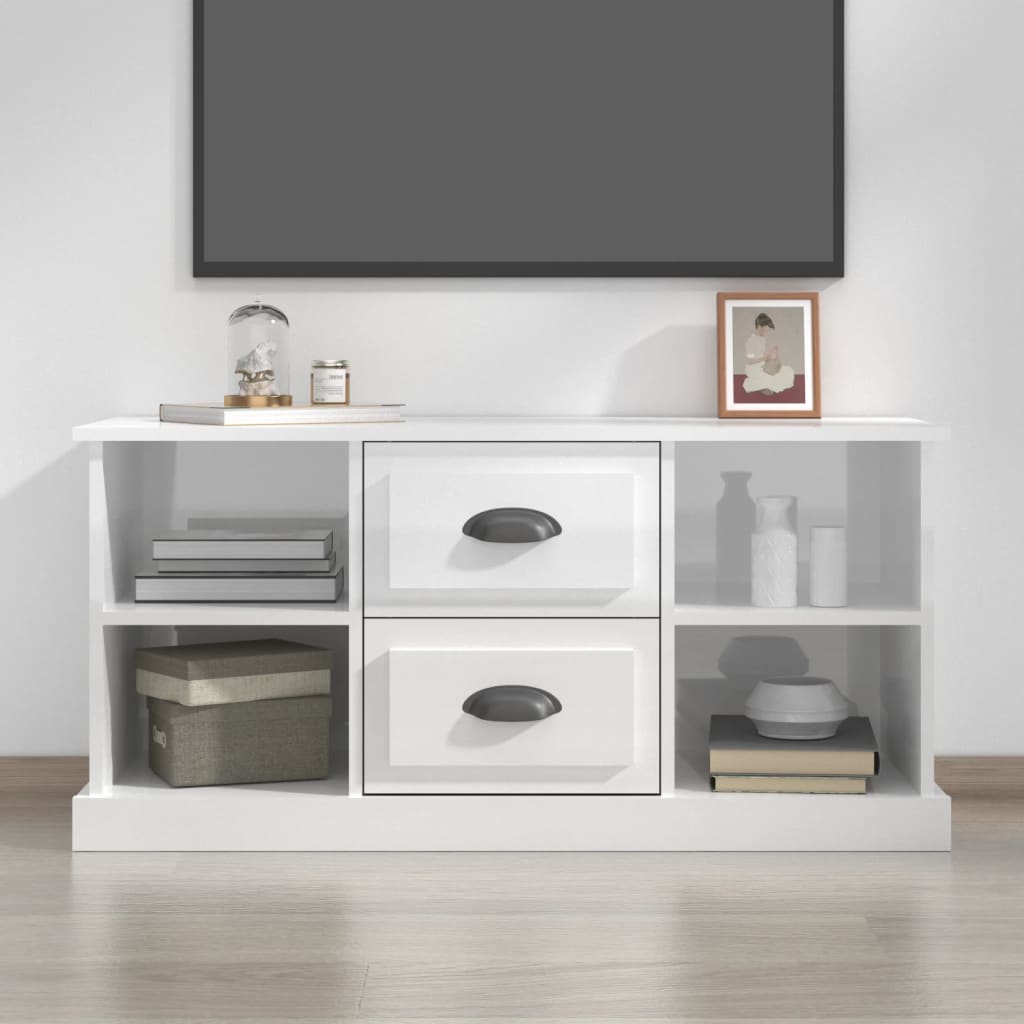 Vetonek Mueble de TV madera contrachapada blanco brillo 99,5x35,5x48 cm