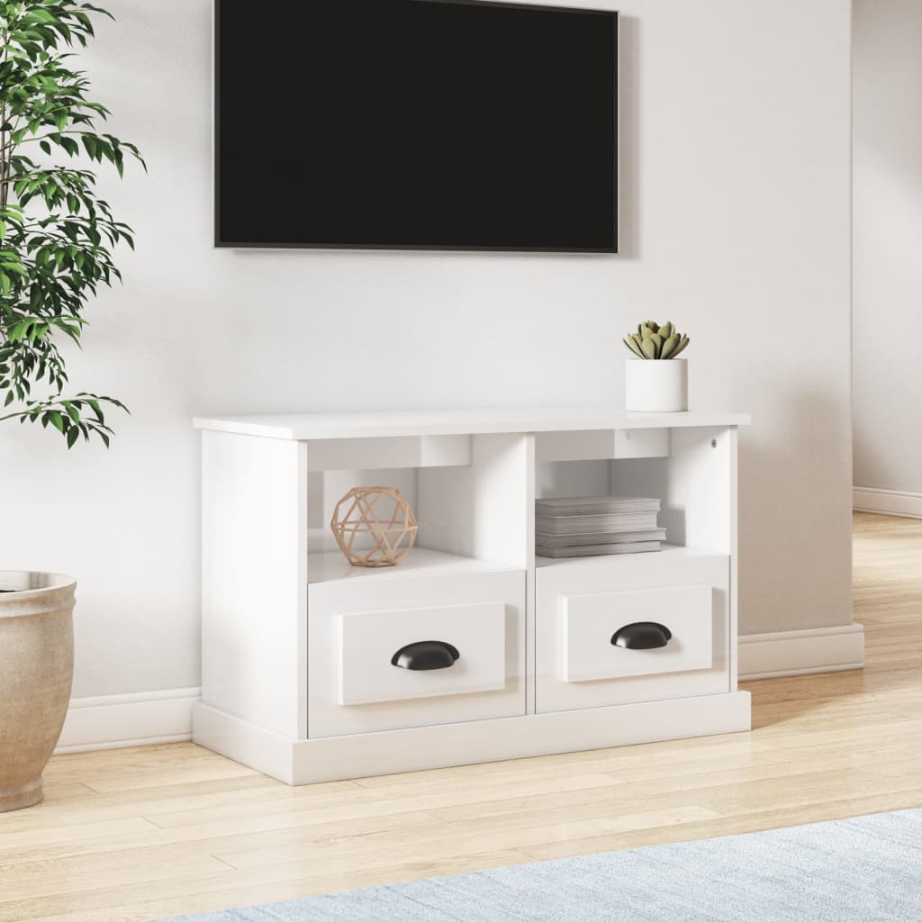 Vetonek Mueble de TV madera contrachapada blanco brillo 80x35x50 cm